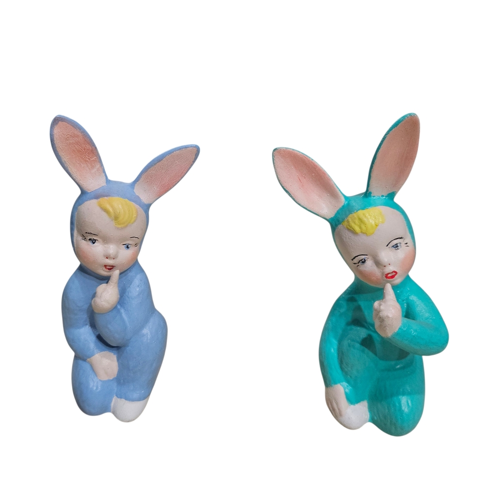 Pair Of Vintage Bunny Suit Babies In Blue & Aqua Color 5in Tall